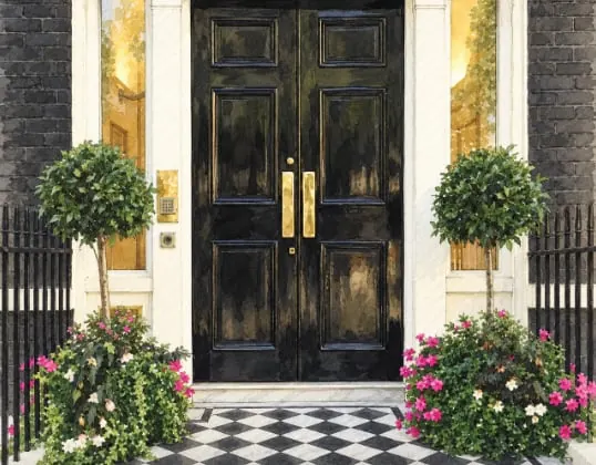 Watercolour of the black double front door at 4 Manchester Square, with clipped bay trees and pink flowers either side