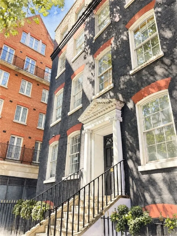 Watercolour of 28 Queen Street, a tall brick building with sash windows, a white pillared doorway and stone steps